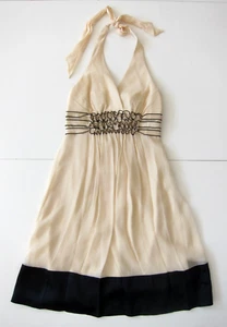 BCBG Maxazria 100% Silk Ivory Black Ruffle Empire Waist Halter Jumper Dress 2P - Picture 1 of 10