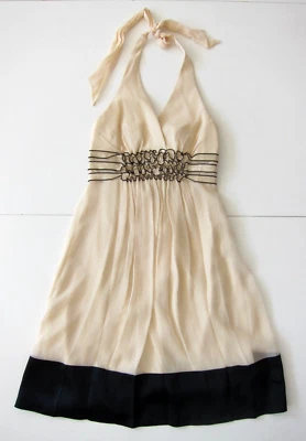 BCBG Maxazria 100% Silk Ivory Black Ruffle Empire Waist Halter Jumper Dress 2P - Image 1 of 4