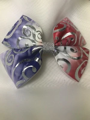 Girls American 4th of July Silver Swirl Hair Bow Handmade - Image 1 of 4