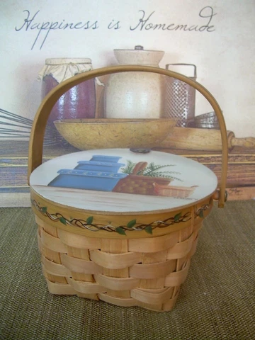 WOVEN WOOD SLAT BASKET~HAND PAINTED LID~ARTIST SIGNED~NESTING BOXES HERBS~SMALL Cover