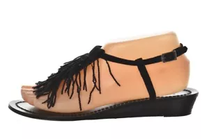 Sigerson Morrison Damenschuhe Größe 7 schwarz Fransen Riemen Keilabsatz Sandalen Wildleder - Bild 1 von 6