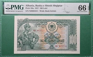 1957 ALBANIA 100 LEKE P# 30a PMG 66 EPQ GEM UNC - Picture 1 of 2