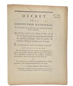 FRANZÖSISCHE REPUBLIK DEKRET vom 7. September 1792 Verräter am Land - Bild 1 von 2