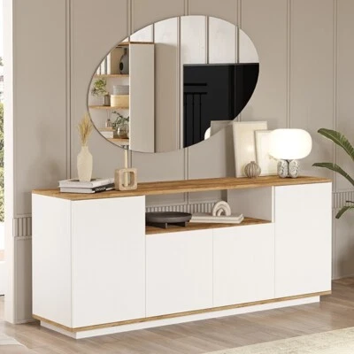 LBSIGN Credenza Moderna 4 Ante 180x45x75 Con Vano A Giorno Bianco E Rovere Frame
