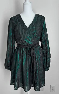 ModCloth Your Time To Shine Green Metallic Iridescent Dress, Sheer Sleeves, SM - Image 1 of 4