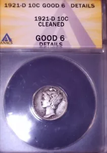 1921-D Mercury Dime, ANACS G6, Key Date, only 1,080,000 Minted - Picture 1 of 4