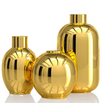 Paquete de 3 Floreros de Cerámica Dorado Brillante Conjunto Moderno Redondo Decorativo para Pampas Foto 1 de 4