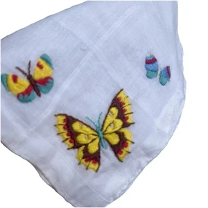 VINTAGE TASCHENTUCH PETIT POINT STICKEREI Schmetterling Schmetterlinge HANDGEROLLT - Bild 1 von 3