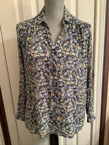 J Jill Tunic Top Blue Yellow Floral Size M Long Sleeve Collar Half Button - Picture 1 of 8