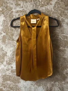 Maeve Salina ärmellose Damenbluse mit V-Ausschnitt Größe 4 goldgelb Satin mit Bindeband - Bild 1 von 12