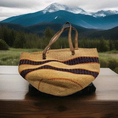 Bolso boho chic vintage de paja redonda tejido sisal/yute cesta de hombro ~ multicolor Foto 1 de 4