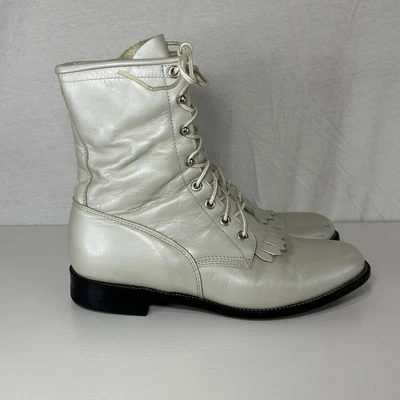 Botas de vaquero Justin Roper para mujer talla 9 B de cuero blanco perla con cordones falda escocesa al tobillo Foto 1 de 4