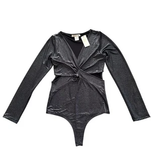Arden B Womens Bodysuit Long Sleeve Black Glitter Twist Front M New - Picture 1 of 10