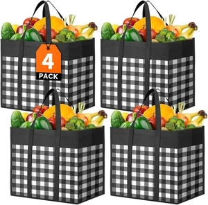 WOWBOX Reusable Grocery Bags,4-Pack, Foldable Shopping 4 Pack, Black - Picture 1 of 6