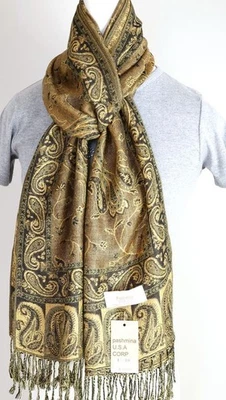 Pashmina Scarf Shawl Wrap Paisley.Black Gold Silk Cashmere:Trendy Soft - Image 1 of 4