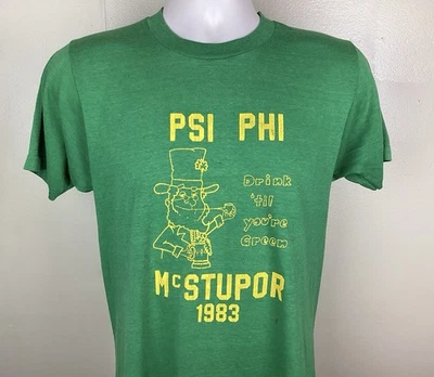 Vtg 1983 Psi Phi McStupor T-Shirt Green M/L 80s Screen Stars Leprechaun Potsdam - Image 1 of 4