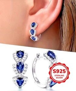 Luxuriöse 925er Sterling Silber 3 Saphirblaue Zirkoniasteine Ohrringe - Bild 1 von 6