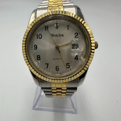 Reloj Westclox Hombre Dos Tonos Plata Dorado Fecha Ventana Bisel Acanalado Batería Nueva 8" Foto 1 de 4