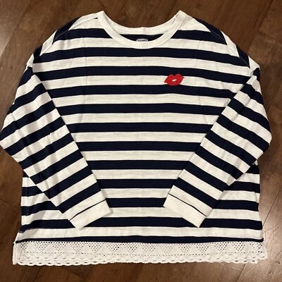 Old Navy Navy-Stripe Lace-Hem Top Womens Plus XXL Embroidered Lips Long Sleeve - Image 1 of 4