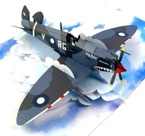 Handgefertigte 3D Popup Karte Spitfire SharkFace Geburtstag Vater Jahrestag Pilot Pass - Bild 1 von 14