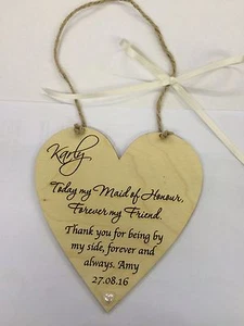 Maid of honour wedding favour thank you wooden heart plaque shabby chic gift - Picture 1 of 2