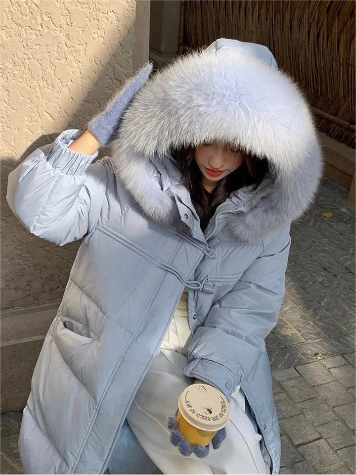 Down Jacket Women's Mid Length White Duck Down Fox Fur Collar Hooded Loose Coats - Image 1 of 4