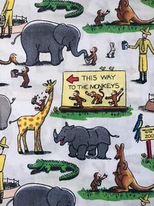 2 yds CURIOUS GEORGE Kids Fabric White Zoo Animal Scenic Monkey Giraffe Rhino - Picture 1 of 6