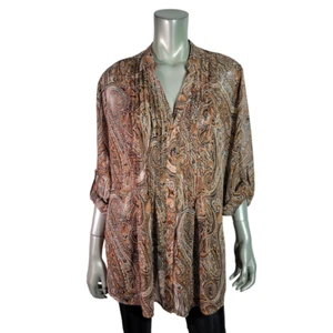 Apt. 9 Top Plus Size 2X Paisley Roll Tab Sleeve V-Neck Button Up Sheer Brown - Picture 1 of 6