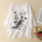 Lady Floral Embroidery Half Sleeve Tee Shirt Thin Top Casual Loose Chinese Retro