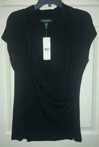 New Ralph Lauren Stretch Viscose Cap Sleeve Surplice Blouse Top L Black NWT - Picture 1 of 4