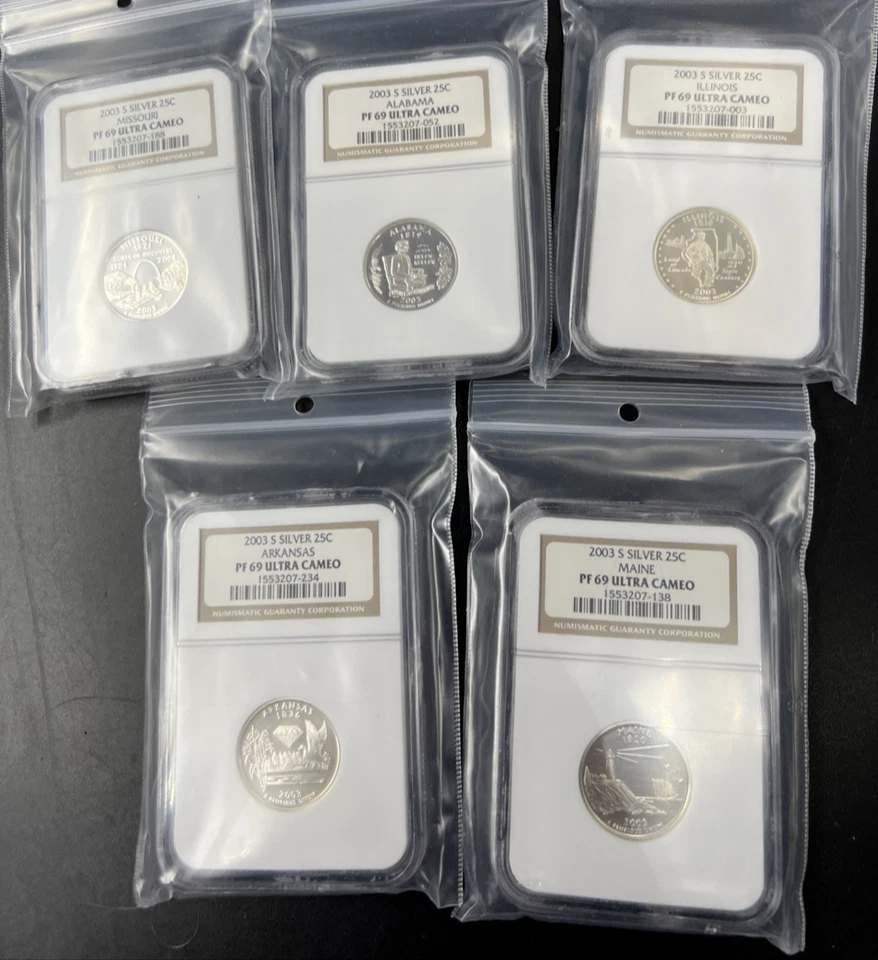 2003 S Silver Quarter 5 Coin Set NGC PF69 UCAM Brown Label Holders - Image 1 of 4
