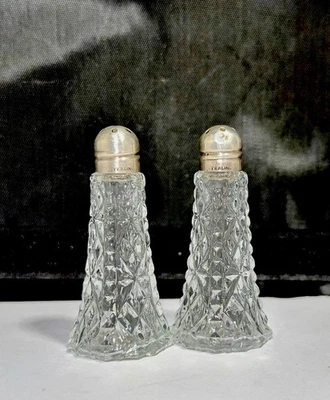 Small Vintage Glass Crystal Salt & Pepper Shakers .925 Sterling Silver Top Caps - Image 1 of 4