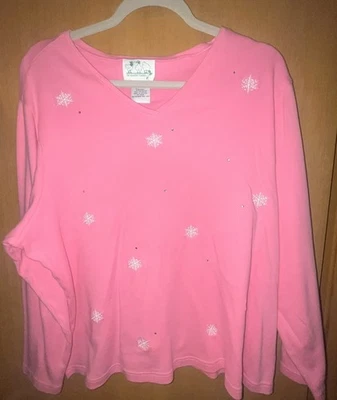 the Quacker Factory Pink knitted sweater with snowflakes Sz 1X - Image 1 of 4