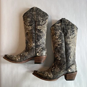 Circle G Vintage Black Cowboy Boots Women’s Size 5 Distressed Floral Embroidery - Picture 1 of 6