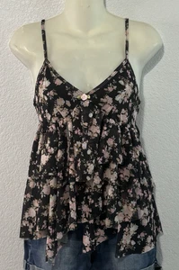 Shein Floral Lace Cami Top S – Black Pink Ruffle Fairycore Handkerchief Hem - Picture 1 of 7