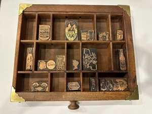Antique Letterpress Tray with 17 copper letter press blocks stamps - Picture 1 of 5