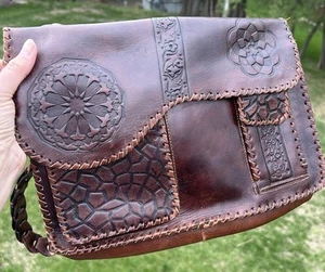 Vintage Leder Handtasche Handprägung Western Karamell Braun - Bild 1 von 9