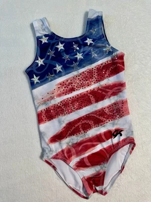 Leotardo de Gimnasia GK ELITE PATRIÓTICO EE. UU. Bandera ESTRELLAS Lentejuelas BLING Tanque Estrellas CM Foto 1 de 4