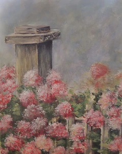 Zaunpfosten und rosa Hortensien Blumen 8 x 10 Original Acrylbild - Bild 1 von 1