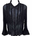 Sheer Black Flare Bell Sleeve Blouse Beaded Tuxedo Crinkle 3X NY Collection