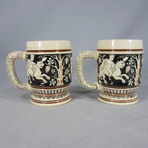 2 German Stoneware Wine Mugs Cups w/ Bacchus Faunus Apollo Griffin Roman Gods - Picture 1 of 7