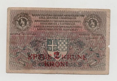 YUGOSLAVIA 2 KRONEN OPT ON 1/2 DINARA 1921 PICK 14 LOOK SCANS - Image 1 of 2