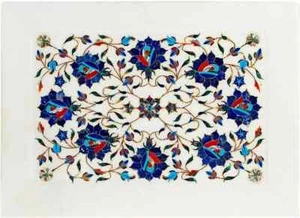 white Marble Inlay Table – Handmade Floral Pietra Dura Top with Gemstones - Picture 1 of 12