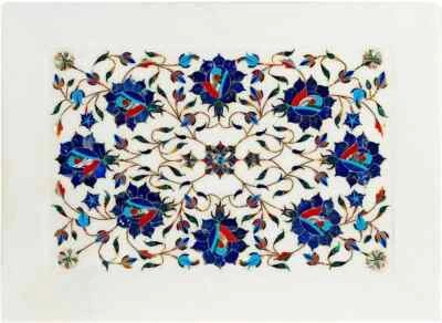 white Marble Inlay Table – Handmade Floral Pietra Dura Top with Gemstones - Image 1 of 4