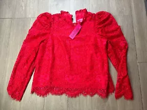 Lilly Pulitzer Top Medium Ruby Red Averi Ruffled Neck Carnival Lace Long Sleeve - Picture 1 of 8