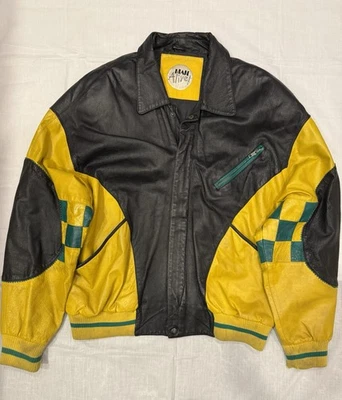 Chaqueta de bombardero de cuero vintage Man Alive Chill Out amarilla de carreras años 90 sin etiqueta de talla Foto 1 de 4
