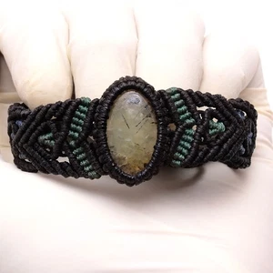 Natural Prehnite Black Needles Handmade Macrame Gemstone Cuff Crystal Bracelet - Picture 1 of 7
