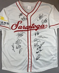 2025 SARATOGA RACING AUTOGRAPH BASEBALL JERSEY W. 17 TOTAL JOCKEY SIGNATURES - Picture 1 of 5