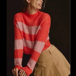 Anthropologie Sheer Striped Open Knit Mock Neck CORAL Long Sleeve Crop NWT XS - Picture 1 of 14