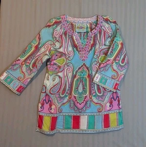 Robert Graham Women's M Tunic Multicolor Paisley Beaded Neckline Boho Festival - Picture 1 of 8
